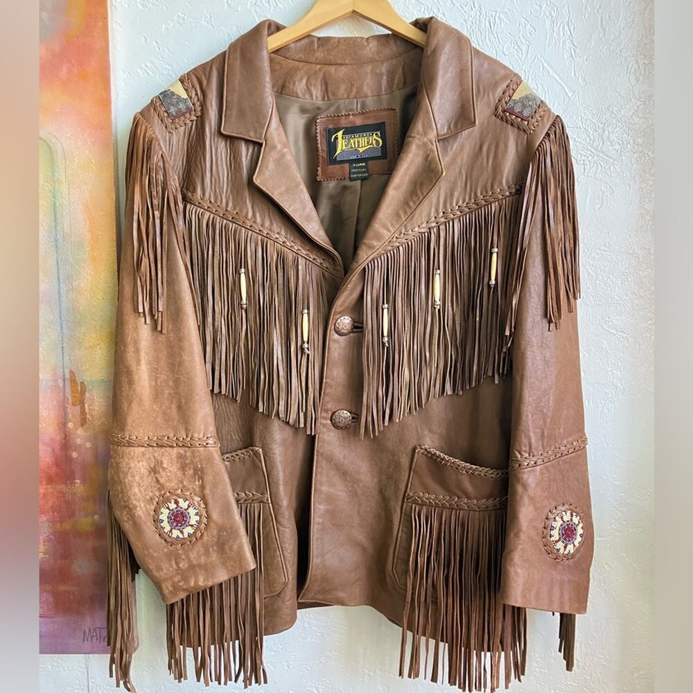 Vintage Brown Fringe Leather Jacket Diamond Leathers XL